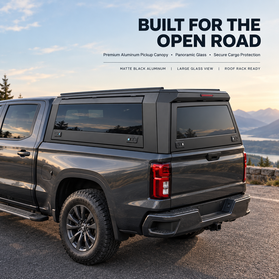 pickup truck canopy with large front windscreen