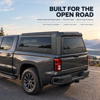 pickup truck canopy with large front windscreen